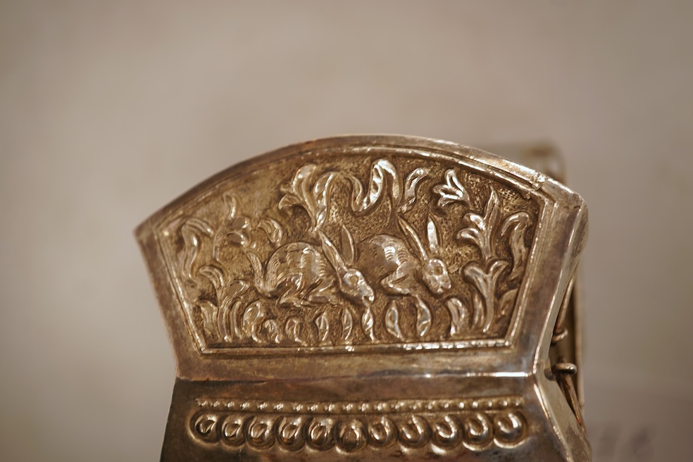A Yogya 835 standard white metal model of figure and rickshaw, length 12cm, together with a Chinese metal box and cover.